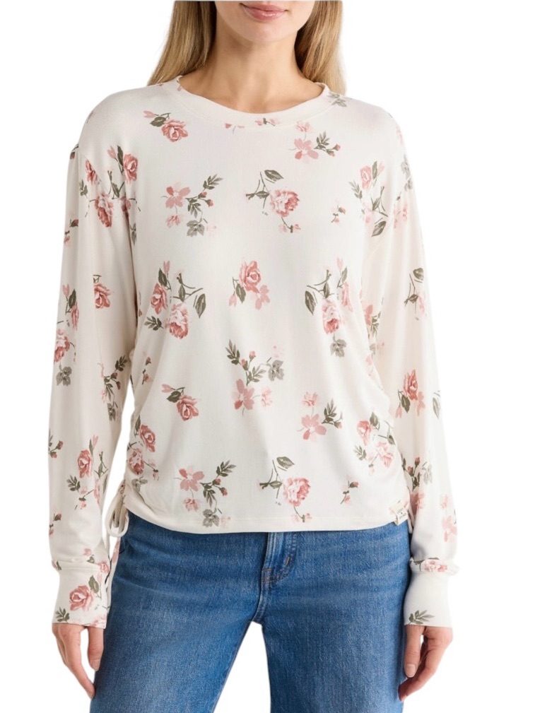 Lucky Brand Women’s Cozy Ruched Side Long Sleeve Top Shirt Nwt S Cream Floral